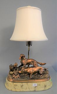 After P.J. Mene (French, 1810 - 1879)bronze sculpture of two dogs hunting a bird that has been fitted into a lamp,height 29 inches, width 20 inches,