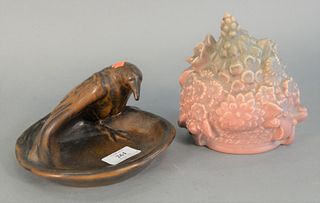 Two Rookwood Pieces 
to include a brown ashtray with a bird, marked 1139
along with one flower basket bookend, marked 2837
ashtray height: 4 inches, b