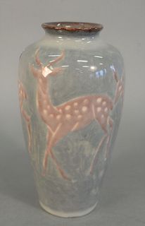 Rookwood Pottery Vase
grey glazed base with deer 
marked for Rookwood 614E
signed and monogrammed on bottom
height 8 1/4 inches
Provenance: Thirty-fiv