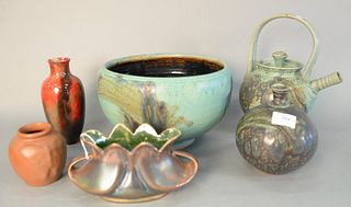 Six Pieces of Pottery
to include bronze luster vase attributed to Lewis Day;
Brown Van Briggle butterfly vase, signed on bottom;
Royal Doulton flambe 