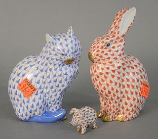 Three Herend Animal Figures
to include rabbit, height 5 1/2"; cat, height 4 1/2" and miniature pig, height 1 1/8'
each marked to the underside