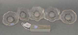 Six Piece Group of Lalique 
to include five frosted flower heads and a paperweight with etched lizard
flower heads: diameter 4 inches