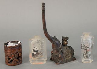 Four Piece Group 
to include carved Chinese soapstone cricket box; two reverse painted glass snuff bottles; along with an elephant form Opium pipe