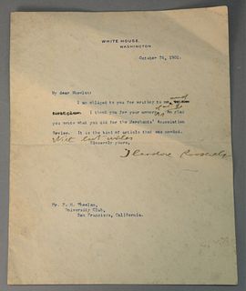 Theodore Roosevelt Letter
signed White House Washington Card, October 26, 1901
addressed to Wheelan, signed by Theodore Roosevelt and corrected by Roo