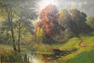 Alois Arnegger (Austrian, 1874 - 1963)
"Autumn Ducks in the Pond"
oil on canvas
signed lower left
25" x 37 1/2"