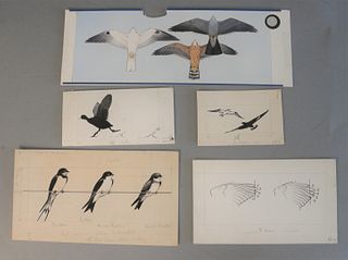 Roger Tory Peterson (American, 1908 - 1996) 
Five Piece Lot of Watercolors and Sketches on paperboard
to include three birds, original bottom piece fr