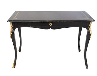 Louis XV Style Gilt Bronze Mounted Black Lacquered Bureau Plat
having leather inset top above a frieze drawer, raised on cabriole legs with foliate-ca