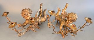 Pair of Gilt, Carved Wood and Gesso Putti Wall Sconces
each with three candle holder arms 
height 8 1/2 inches, length 18 1/2 inches, width 15 inches