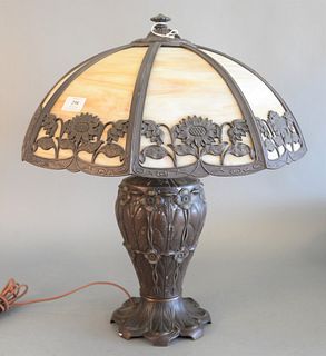 Miller Slag glass panel shade table lamp and base with flower motif, height 22 inches, diameter 19 inches