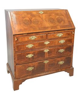 George III slant lid desk, inlaid, walnut veneered opening to fitted interior, height 43 inches, width 39 inches
