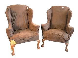 Pair Margolis Chippendale Style Upholstered Wing Chairs now with slip covers, upholstery needs to be redone height 43 inches From a Glastonbury