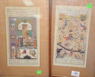 Three Persian Gouaches to include
two manuscripts leaves with gilt gold decoration along with a
courtyard scene along with painting on silk of an elep