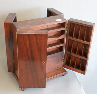 Two piece lot to include; Medical Apothecary Box large inlaid mahogany with two-sided chest, having double swing door, opening to fitted interior, hav