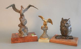 Group of Three Bronze Bird Sculptures to include: 
'Albatross' by Adam Materno; owl by Doris MacClintock; along with a small gilt bronze eagle
Height 