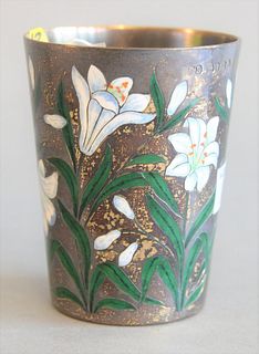 English Sterling Silver Cup
with enamelled flowers
height 4 inches, 5.8 t.oz. 
Provenance: The Estate of Alina Roisen, Park Avenue, New York