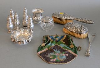 Sterling Silver Lot
to include set of six nut dishes, six pepper shakers; crystal jar, brushes, beaded purse, etc. 
14.9 t.oz. plus two brushes