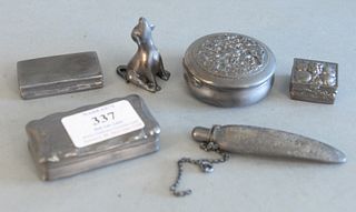 6 piece group of silver to include Kirk sterling dog, four silver boxes, and a bottle, 6.9 t.oz.
Provenance: The Estate of Diana Atwood Johnson