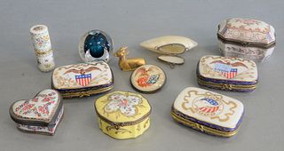 Large group of assorted boxes, to include;
Bilston and Battersea enamel box, shell box, pin with eagle, art glass bottle signed Morales, three preside