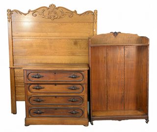 4 piece Victorian lot, oak bookcase, Victorian walnut drop-leaf table, chestnut chest and high back bedHeight 46", top 19" x 39-1/2" (chest)Provenance