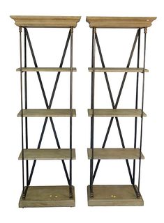 Pair Restoration Hardware Contemporary Iron and Oak Etageres
height 84 inches, width 28 1/2 inches