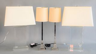 2 Pairs of Table Lamps to include pair Crystal Table Lamps
height 29 inches, along with a pair of Chrome Table Lamps
with square bases, height 27 1/2 