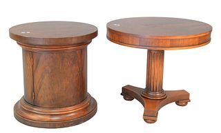 Three Piece Lot 
to include two round, mahogany Ralph Lauren tables one
with cabinet and base, one with pedestal
cabinet base: height 25 1/2 inches, d