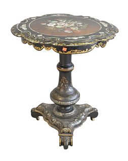 Paper Mache Tip Table
with inlaid mother of pearl and gilt highlights
height 28 1/2 inches, diameter 25 inches

$15 to repair top of table
Provenance: