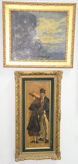 Two Framed Paintings to include
Moonlit landscape, oil on canvas, 19th Century, unsigned
12" x 14"
along with two figures standing, signed illegibly l