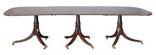 Mahogany George IV Style Triple Pedestal Dining Table
with banded, inlaid top
height 29 inches, top 45" x 116 1/2"