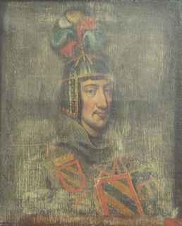 Roman Soldier
18th Century or later
oil on canvas
unknown artist, indistinctly inscribed along the lower edge 
(sold as is)
height 25 inches, width 20