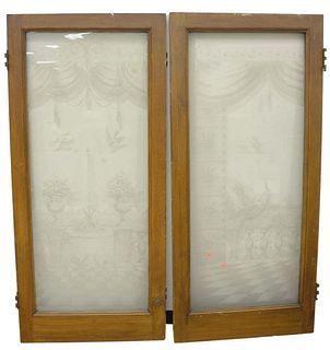 Set of Three Etched Glass Doors
with oak frames
height 49 1/4 inches, width 31 1/2 inches
Provenance: The Estate of Diana Atwood Johnson