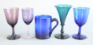 Group of Early Freeblown Wine Glasses
to include set of 5 green glasses with trumpet flared rim; 3 amethyst, 2 blue and 2 other green; 1 cobalt blue t