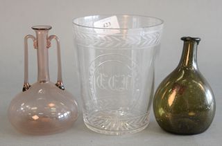 Three Piece Group 
to include Sinclair crystal beaker; vase etched garland, monogrammed, marked with an 'S' on the bottom; a small green chestnut bott