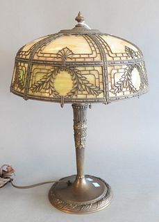 Slag Glass Table Lamp 
with metal work decoration
height 21 inches, diameter 15 inches
Provenance: Thirty-five year collection of Dana Cooley, Old Lym
