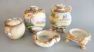 Group of Five Hand Painted Nippon pieces
to include humidor having painted cards,
a bowl and vases having painted landscape scenes
height: 9 inches (t