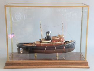 Edmond Moran Model Tug Boat in brass and glass case height 24 inches, top: 10-1/2" x 30 " (case)