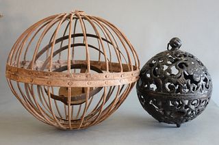 2 piece lot to include 
Wrought Iron Ship's Ball Style Hanging Fluid Lamp
diameter 16 inches
along with a Japanese Cast Iron Ball Lantern
(with two br
