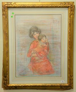Edna Hibel (American, 1917 - 2015)
"Young Mother in Red"
airbrush and pastel on paper
signed and inscribed in pencil along the lower edge
sight size: 