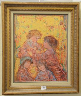 Edna Hibel (American, 1917 - 2015)
"Mother with Children, 1984"
oil and gold foil on board
signed lower right Hibel
20 1/4" x 16 1/4"