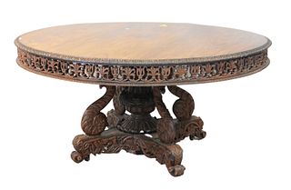 Round Mahogany Anglo Indian  Table, with pierce carved skirt, on scroll carved base height 28-1/2 inches, diameter 60 inches
