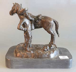 After Frederic Remington (American, 1861 - 1909)
Untitled, cowboy with skull, 1891
bronze with brown patina
inscribed on base
height 10 1/4 inches, wi