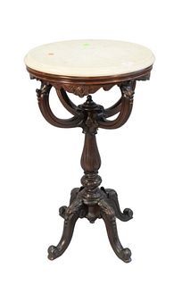 Round Victorian Stand with White Marble Top
on carved supports, set on four carved legs
height 30 inches, diameter 17 1/2 inches
Provenance: Matthes-T
