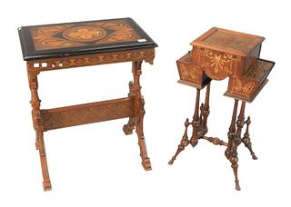 Two Renaissance Revival Tables
One rectangle with inlaid top, the other having lift top and incised gilt decorations
height 30 inches, top 16 1/2" x 2