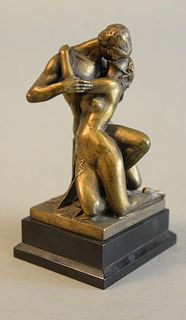 Mario Korbel (1882 - 1954) 
"The Kiss" 
Bronze with gold patina
Signed and stamped by Roman Bronze Works along the base, 
height 5 1/2 inches