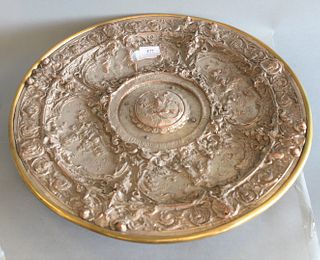 Large Elkington Style Silvered Bronze Charger
19th Century
with allegorical scenes and brass backing (worn)
diameter 20 inches