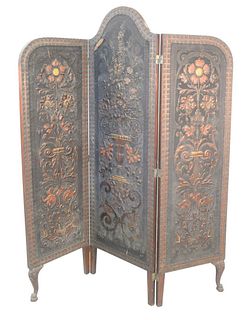 Three Panel Embossed Leather and Painted Dressing Screen
on claw feet 
(center panel has top damage and bottom crack)
height 76 1/2 inches, width 64 i