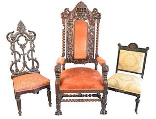 Three piece lot to include;
Victorian Armchair with carved face, and lion head hand rests, on paw feet
height 59 inches
Along with two other Victorian