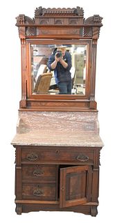 Victorian Walnut and Burl Marble Top Commode
with mirror
height 76 inches, width 32 inches
Provenance: Thirty-five year collection of Dana Cooley, Old