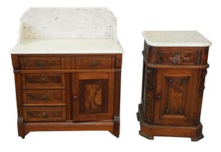 Two marble top commodes;
one Victorian Marble Top Commode 
with backsplash
height 39 1/2 inches, width 32 inches, depth 16 inches
along with a half co