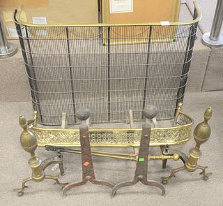Fireplace Lot 
to include pair iron andirons, pair lemon top andirons, brass trimmed Federal fire screen along with brass fire rail
screen 24 1/2" x 3